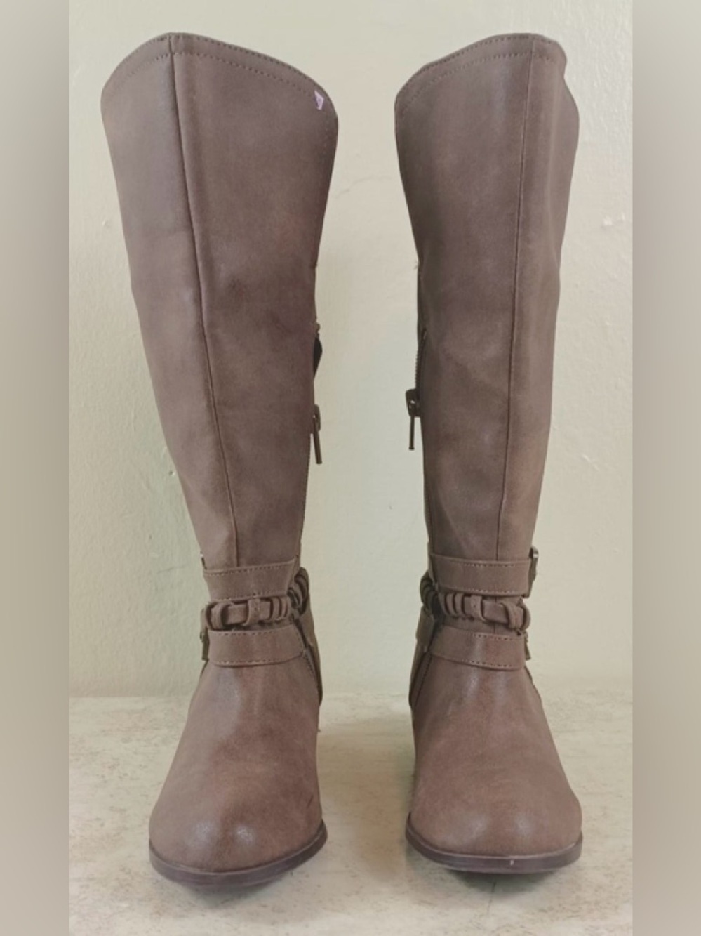 Sugar Brown Mid-Calf Braided Strap Buckle Boots